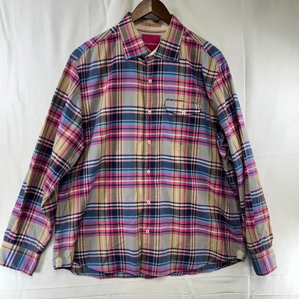 Tommy Bahama Button Down Shirt Mens XL Pink Blue Plaid Cotton Long Sleeve